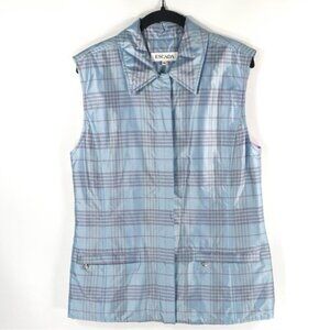 ESCADA 100% SILK Pink Blue Tartan Plaid‎ Full Zip Puffer Vest Jacket Top Size 38